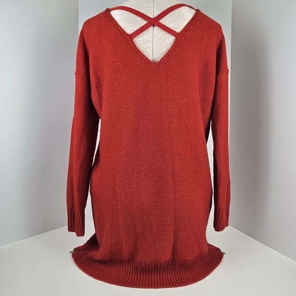 ZARA Knit Red Sweater Dress Tunic Medium V-Neck Cable Knit Zip Hem Long Sleeve - Picture 7 of 16